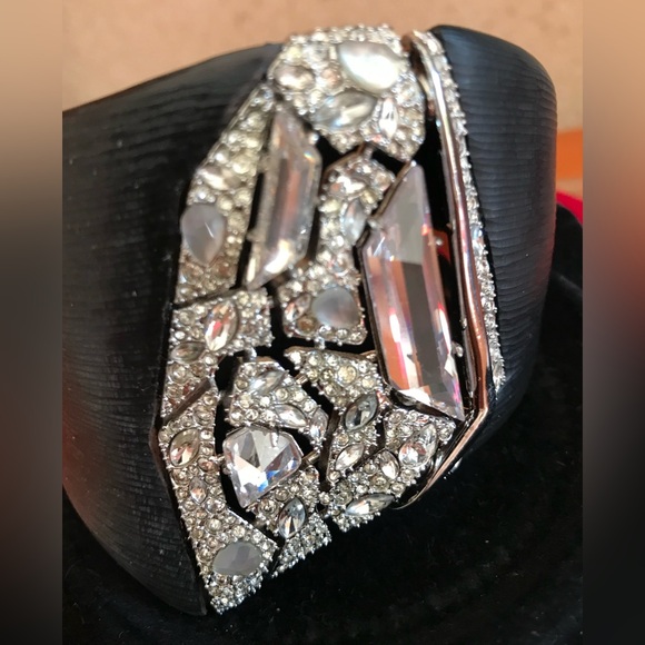 Alexis Bittar Black Lucite Hinged Bracelet with Crystals in Silver Setting. - Picture 2 of 11